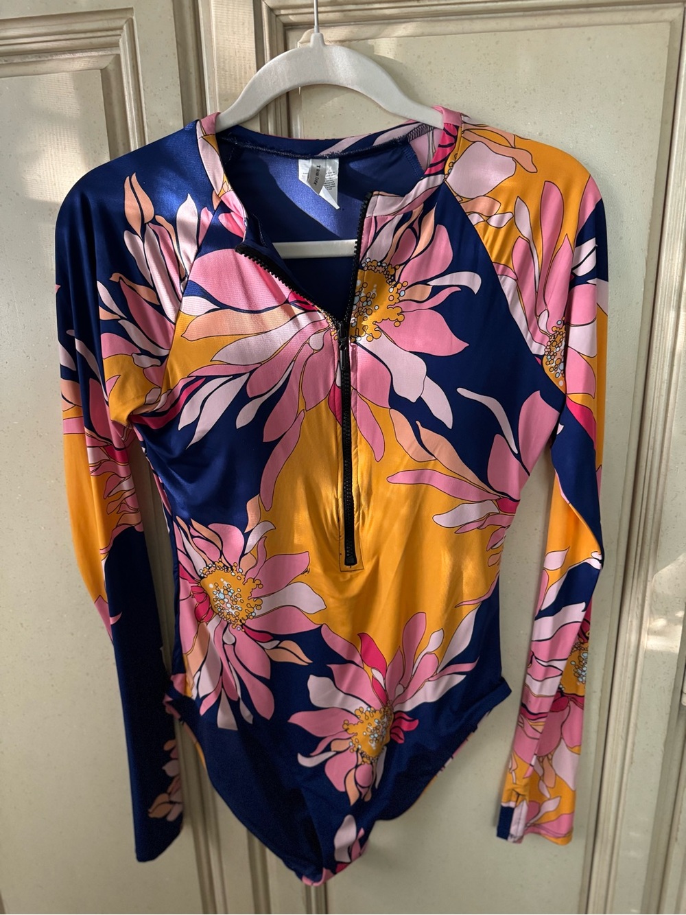Floral Long Sleeve Zip Front Bodysuit - Navy, Pink & Mustard